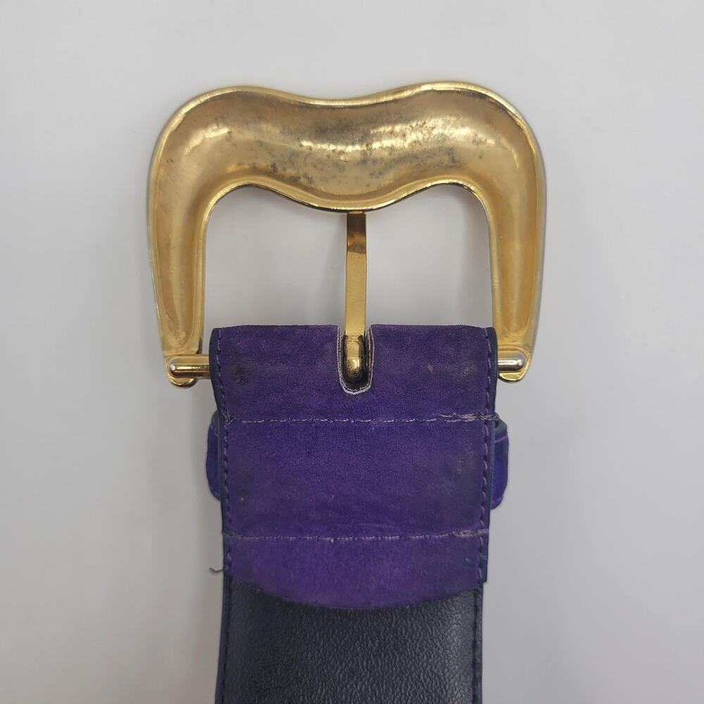 Vintage Purple Suede Leather Belt Small Wide Gold Sculptural Statement Waist 80s - Picture 6 of 8